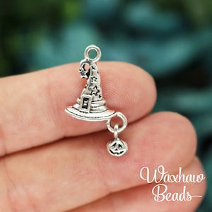 6 Silver Witch Hat Charms, Halloween Charms, Silver Tone Charms (L-127)