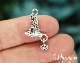 6 Witch Hat Charms, Silver Tone Charms (L-127)