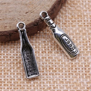 8 Silver Beer Bottle Charms, 24x6mm, Silver Tone Charms (M-185)