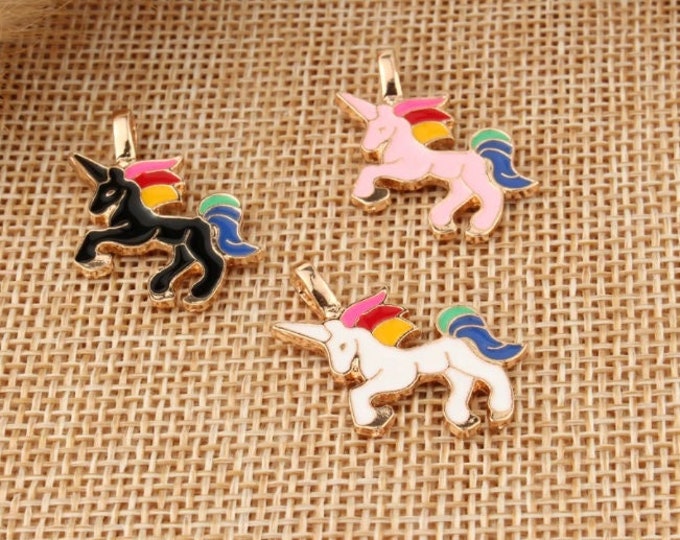 Rainbow Enamel Unicorn Charm, Gold Plated Enamel Unicorn (G-193)
