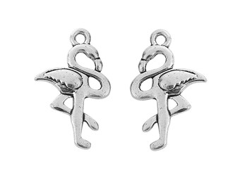 4 Silver Flamingo Charms, 2 Sided, Silver Tone Charms (O-184)