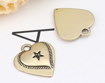 2 Double Heart Charms, Antique Gold Tone Charms (U-4)
