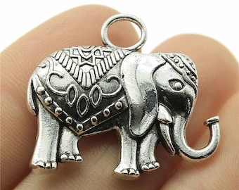 Silver Elephant Charm, 2 Sided, 28x31mm, Antique Silver Tone Charms (E-205)