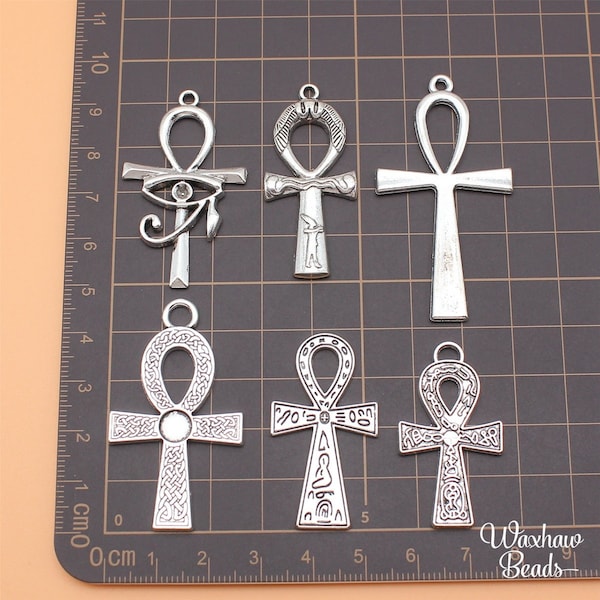 BULK 6 Silver Ankh Charms, Mixed Lot of Charms (N-202)