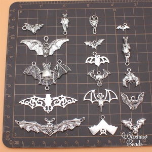 BULK 17 Silver Bat Charms Charms, Halloween Charms, Mixed Lot of Bat Charms (F-180)