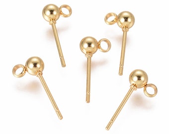 10 Sets Gold Stainless Steel Ball Post Earring Studs with Loop (P-231)