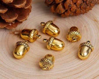 3 Gold Acorn Charms, 3D, Antique Gold Tone (A-254)