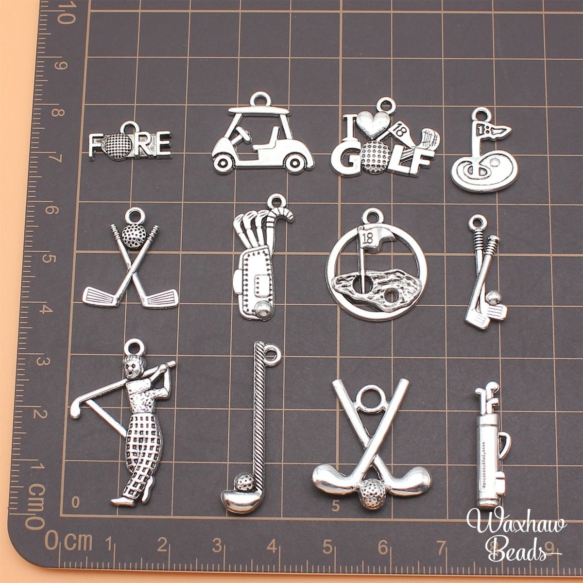 BULK 12 Silver Golfing Charms, Mixed Lot of Charms (H-166)