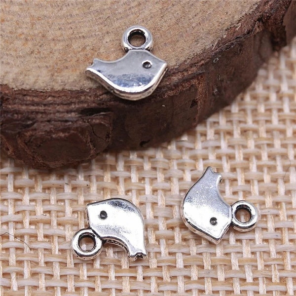 15 Silver Tiny Bird Charms, 8x7mm, Antique Silver Charms (J-17)