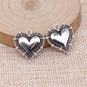 25pcs Heart Charms Full of Love Valentine Charms 2 Sided Antique Silver Tone 19x19mm cf3672