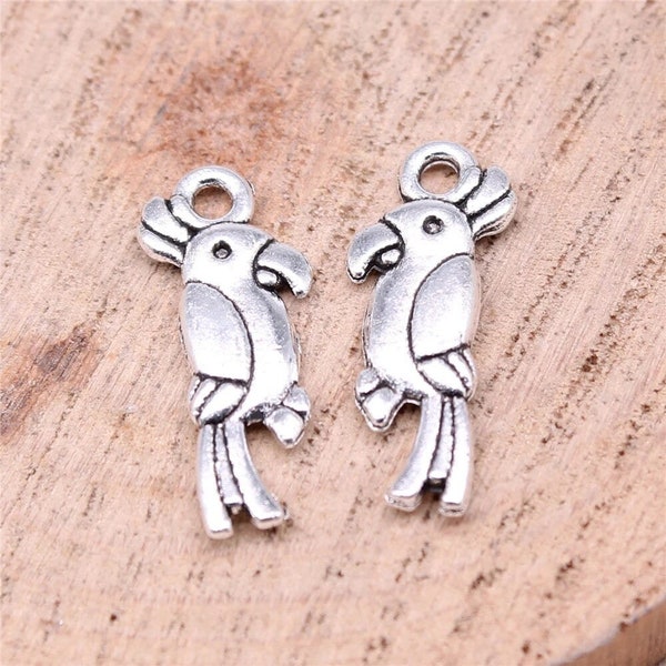 10 Silver Parrot Charms, Bird Charms, 20mm, Silver Tone Charms (B-187)