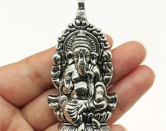 Large Silver Ganesha Charm, 62x32mm, Silver Tone Charms (E-125)
