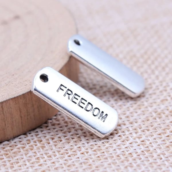 3 Silver Freedom Engraved Tag Charms, 8x21mm, Silver Tone Charms (N-191)