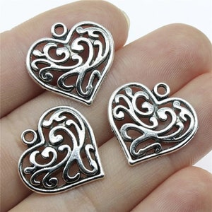 4 Silver Heart Charms, 21x21mm, Silver Tone Charms (O-2)