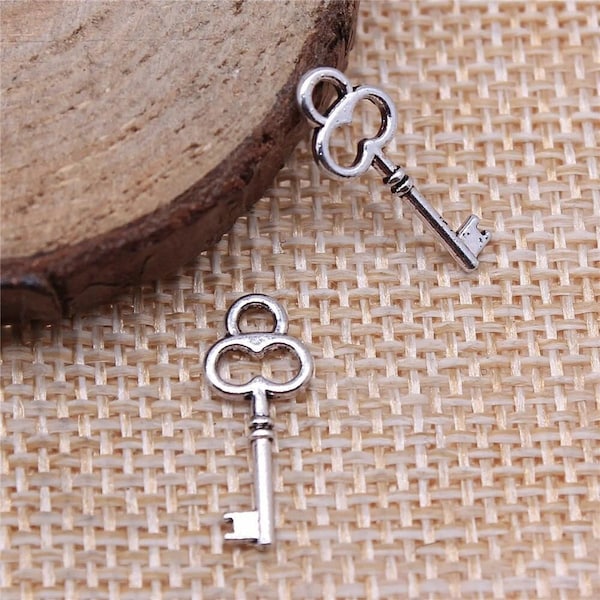 20 Silver Skeleton Key Charms, 7x17mm, Silver Tone Charms (F-158)