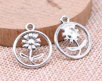 10 Silver Flower Charms, 17mm, Silver Tone Charms (J-111)