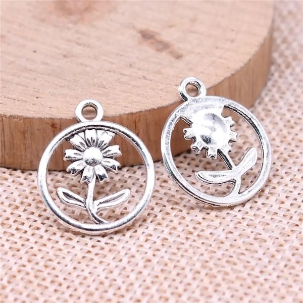 10 Silver Flower Charms, 17mm, Silver Tone Charms (J-111)