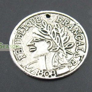 10 French Coin Charms, Antique Silver Tone (U-106)