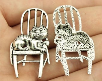 2 Silver Cat in a Chair Charms, Silver Tone Charms (D- 177)