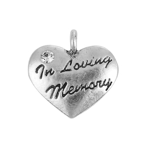 2 Silver Engraved In Loving Memory Heart Charms, Rhinestone, Silver Tone Charms (R-61)