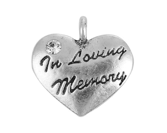2 Silver Engraved In Loving Memory Heart Charms, Rhinestone, Silver Tone Charms (R-61)