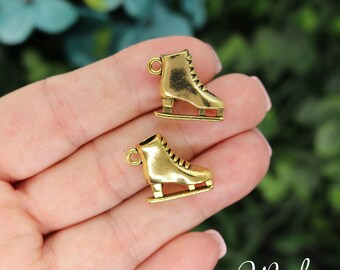 2 Gold Ice Skate Charms, 3D, Antique Gold Tone (G-64)