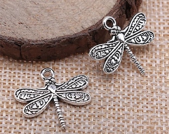 5 Silver Dragonfly Charms, 21x19mm, Antique Silver Charms (A-77)