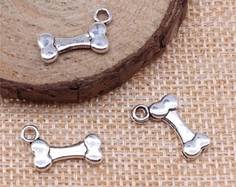 10 Silver Dog Bone Charms, 2 Sided, Silver Tone Charms (D-147)