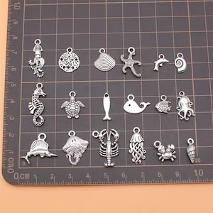 BULK 18 Silver Fish Beach Charms, Fishing Charms, Mixed Lot of Charms (K-146)