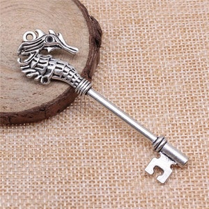 Silver Seahorse Key Charm, 72mm, Silver Tone Charms (N-49)