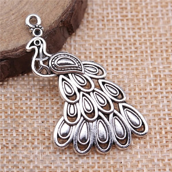 Large Silver Peacock Charm, 43x24mm, Silver Tone Charms (D-160)