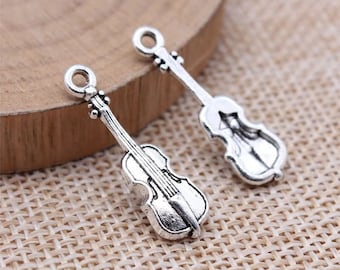 5 Silver Cello Charms, 26x8mm, Antique Silver Tone (D-45)