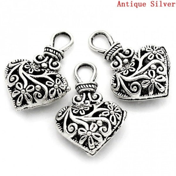 2 Silver Puff Heart Charms, 2 Sided, Silver Tone Heart Pendants (L-101)