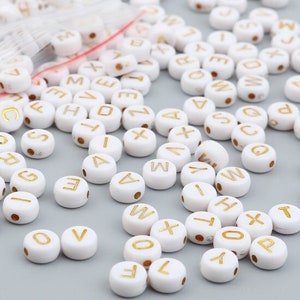500 White with Gold Alphabet Beads, Capital Letter Beads, 7mm, Acrylic Beads (V-30)
