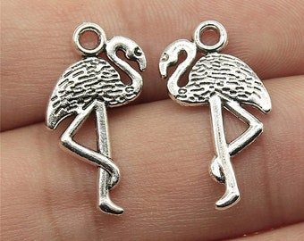 5 Silver Flamingo Charms, 2 Sided, 23x12mm, Silver Tone Charms (J-10)