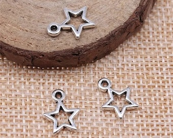 20, 50 Bulk Tiny Silver Star Charms, Silver Stars, 12mm Silver Tone Star Charms (L-162)
