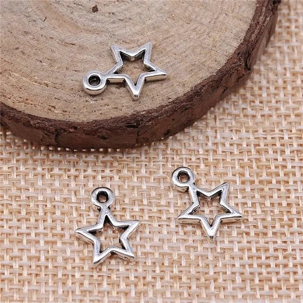 20 Tiny Silver Star Charms, Silver Stars, 12mm Silver Tone Star Charms (L-162)
