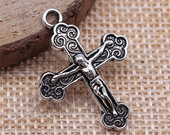 2 Silver Jesus on a Cross Charms, 22x29mm, Silver Tone Charms (F-85)