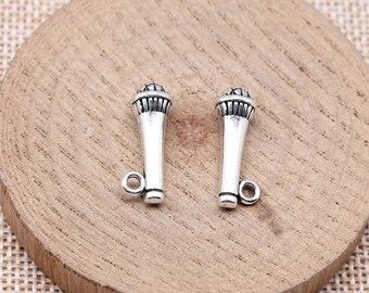 10 Silver Microphone Charms, 21x7mm, Silver Tone Charms (H-31)