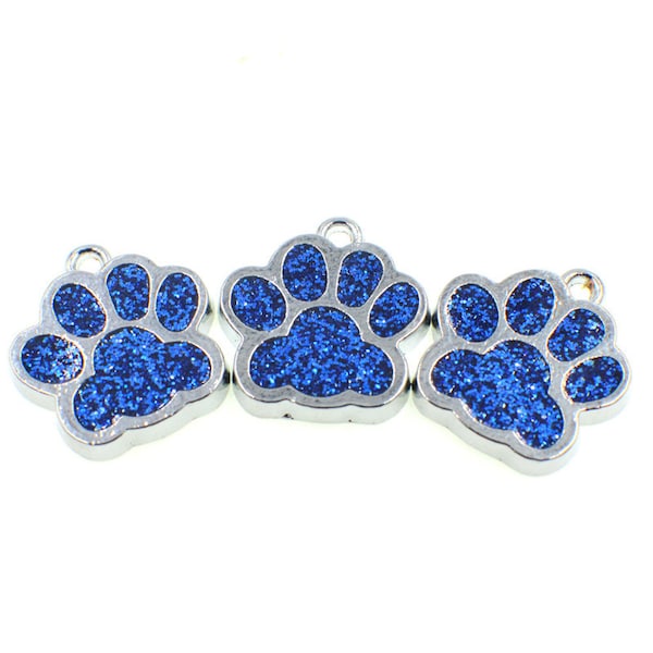 5 Royal Blue Glitter Paw Charms, 16mm, Enamel Dog Paw Charms (F-208)