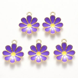 4 Purple Daisy Charms, Gold Tone Enamel Flower Charms (E-21)