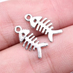 12 Silver Fish Bone Charms, Silver Tone Charms (H-133)