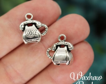 2 Silver Telephone Charms, 3D Vintage Phone, 16x14mm, Silver Tone Charms (E-87)