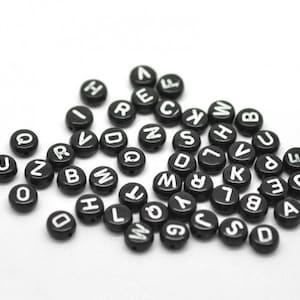 Black with White Alphabet Beads, 7mm Capital Letter Acrylic Beads (V-32)
