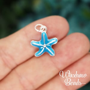 2 Blue Enamel Starfish Charms, Bright Silver Plated Charms (K-80)