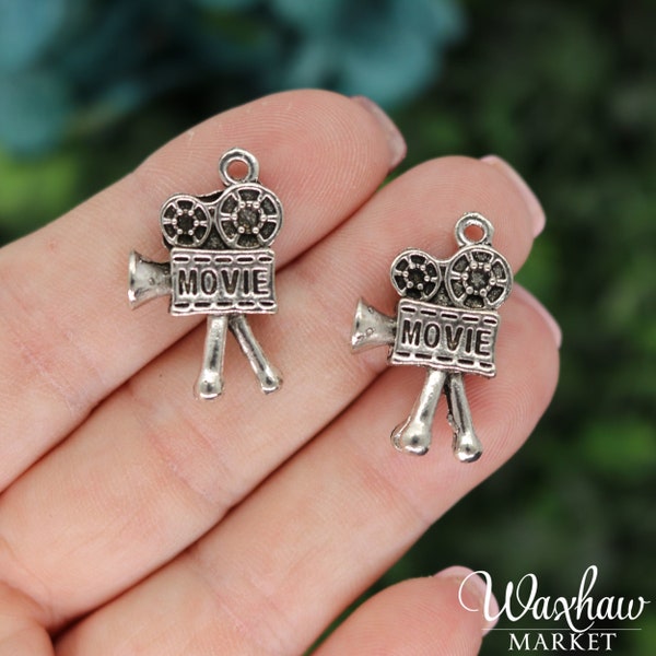 2 Movie Camera 3D Charms, Silver Tone Charms (A-117)