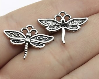 8 Silver Dragonfly Charms, 16x22mm, Silver Tone Charms Charm (O-214)