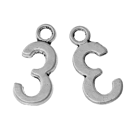 10 Number 3 charms antique silver tone