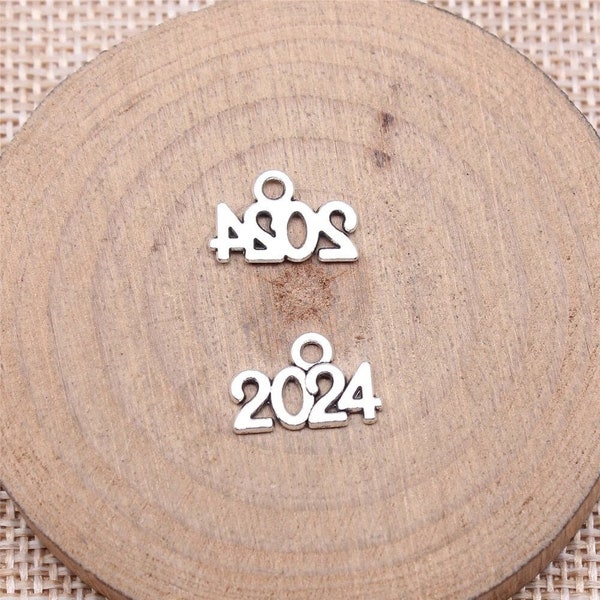 15 Silver Year 2024 Charms, 9x14mm, Silver Tone Charms (O-111)