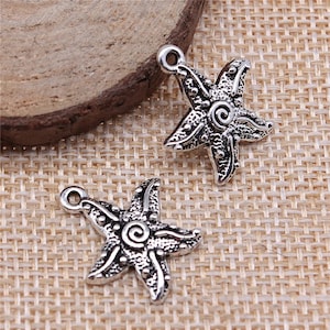 3 Silver Starfish Charms, Beach Charms, 18x20mm, Silver Tone Charms (F-112)
